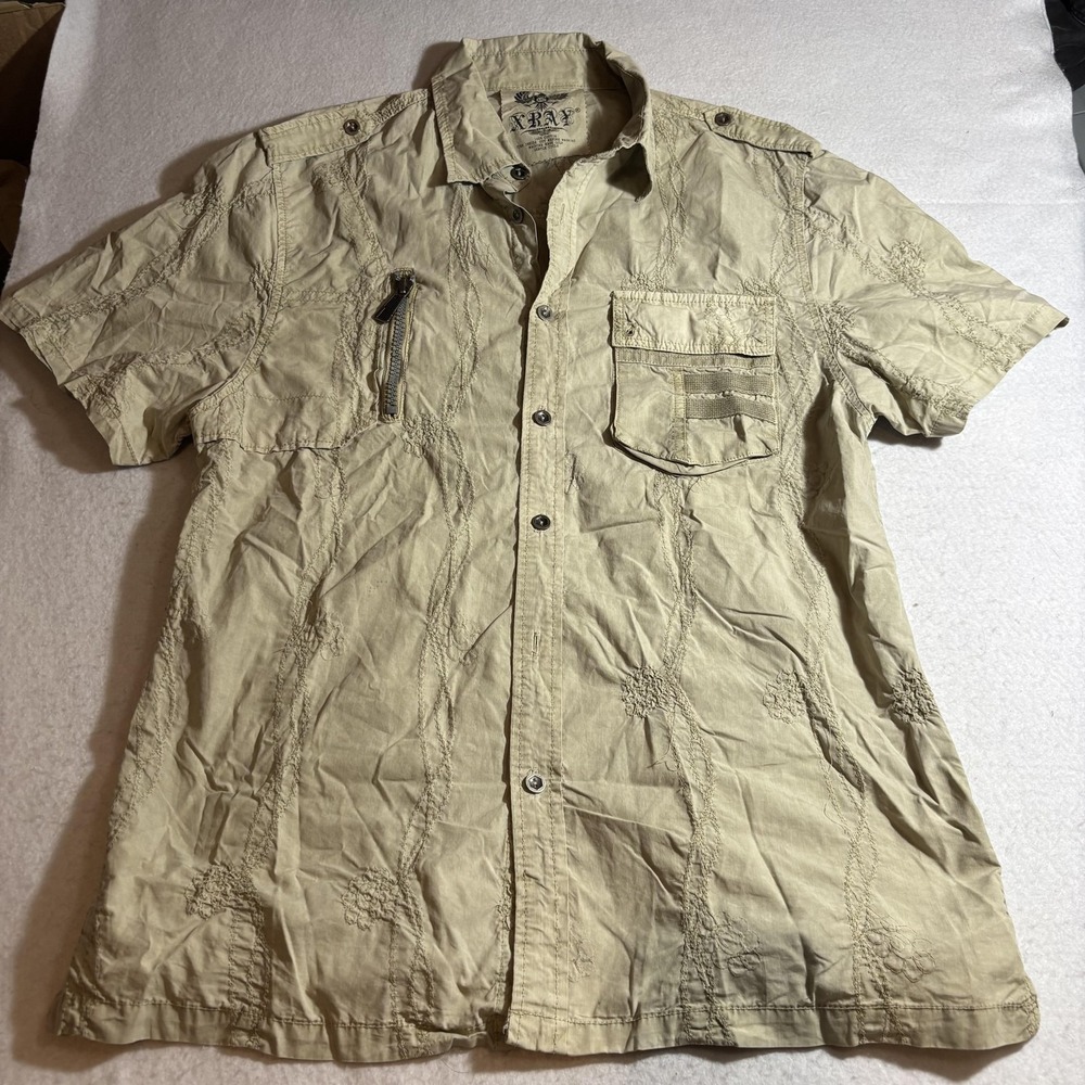 Xray Shirt Men 2XL Beige Short Sleeve Button Up Embroidered Pocket Y2K‎ *Flaw